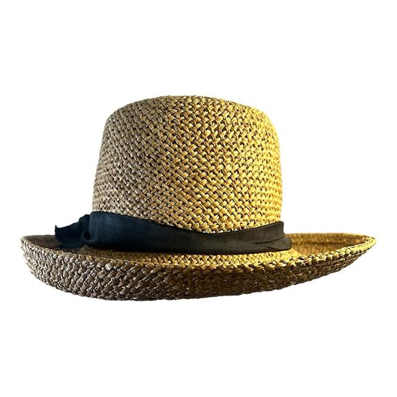 Tan Straw Sun Hat VINTAGE 90s with Wide Brim and a Black French Ribbon Accent - Picture 10 of 12
